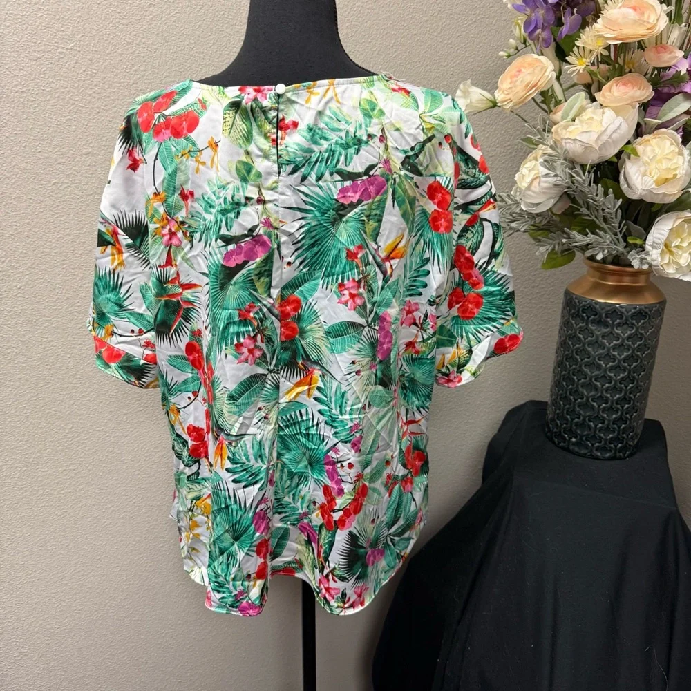 Worthington XXL Tropical Floral Blouse Top Multicolor Short Sleeve Summer Resort - Picture 3 of 7